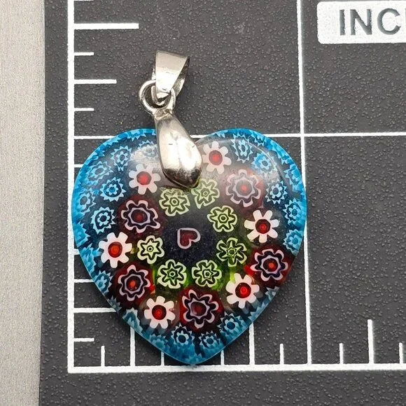 Murano Style Millefiori Glass Heart Pendant 1.25" Multicolor Floral 18k GF Bail - Picture 5 of 5